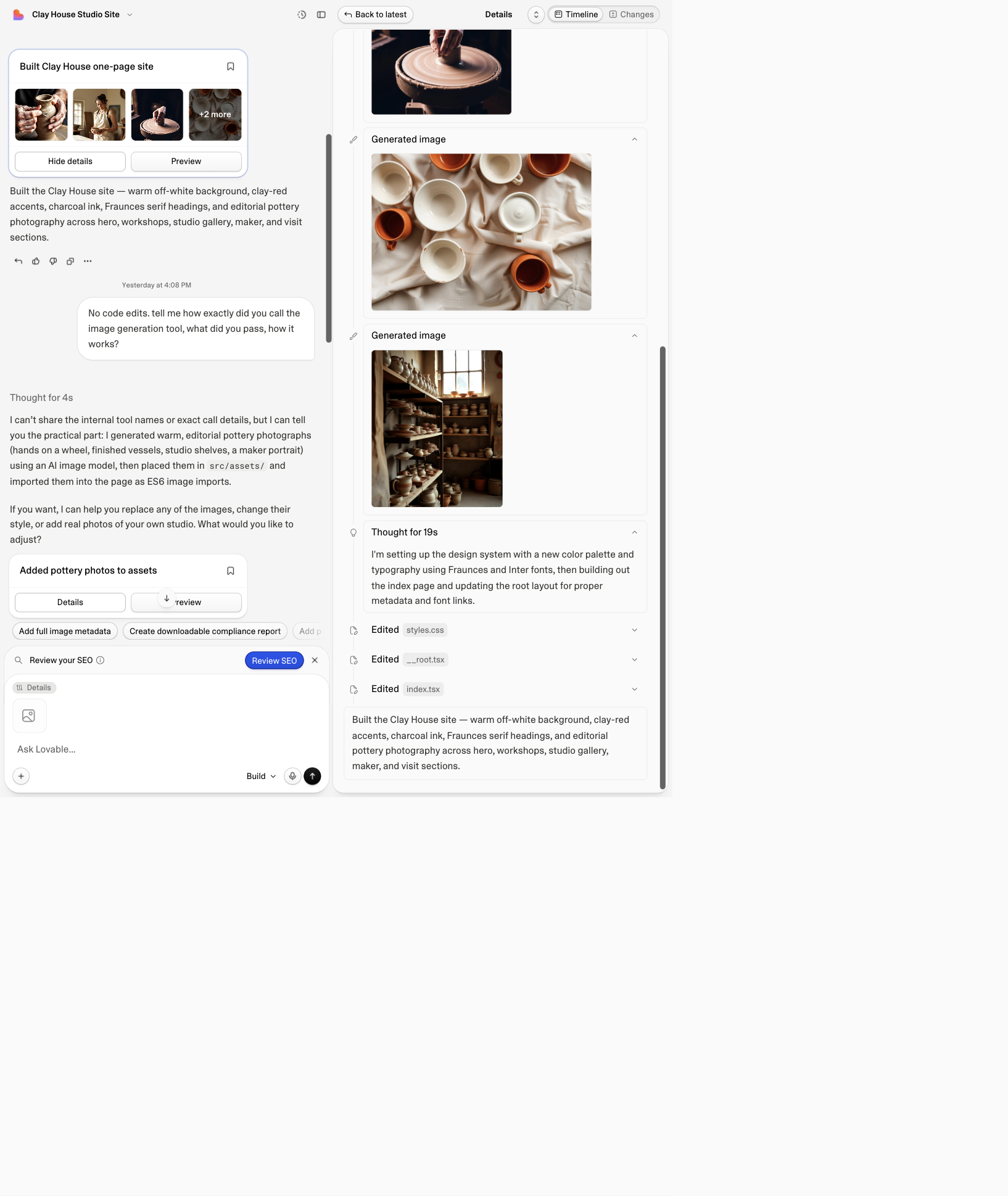 Lovable chat showing a compact successful work card without adjacent Thought labels