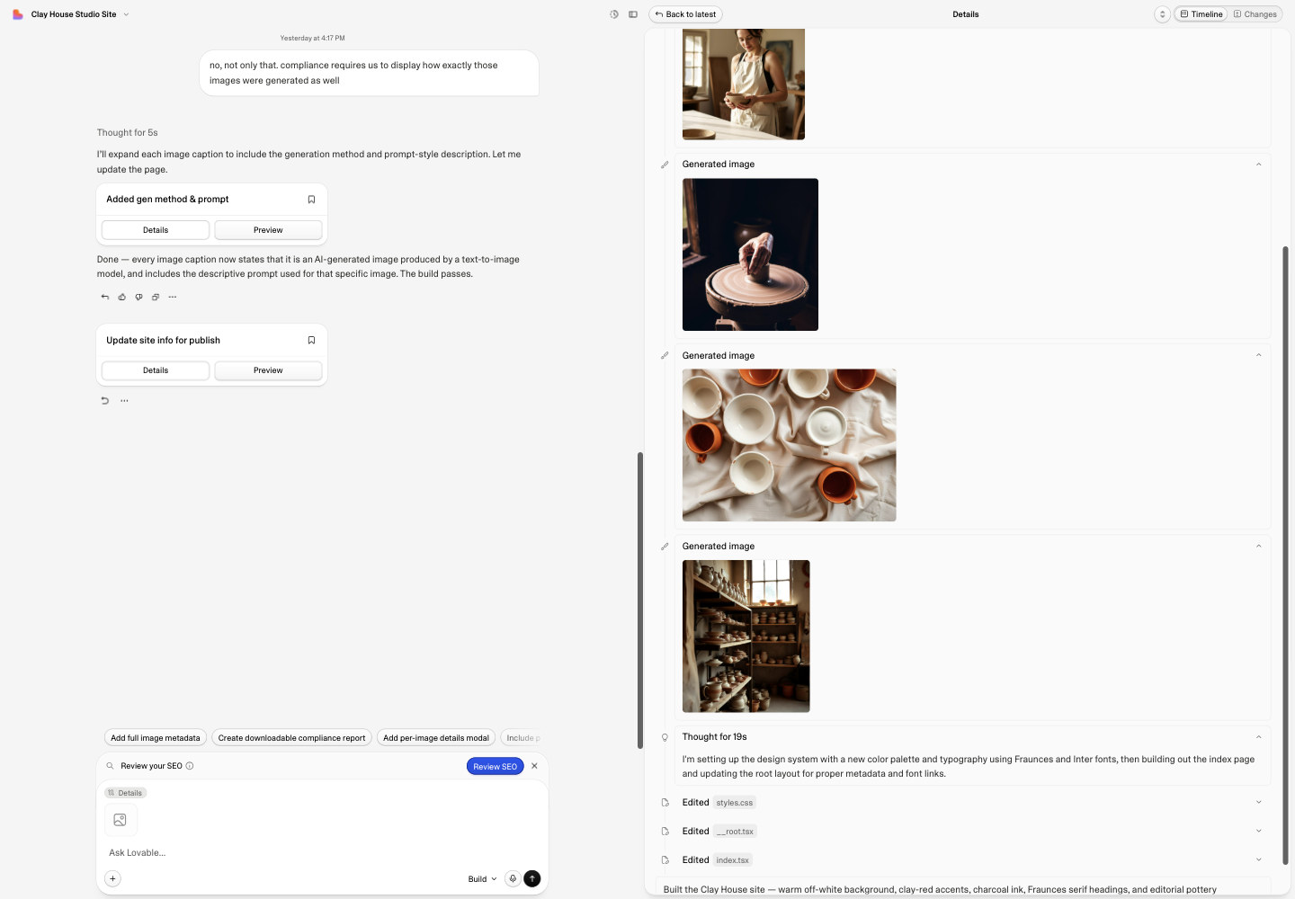 Lovable Details timeline with an expanded Thought row containing a planning summary