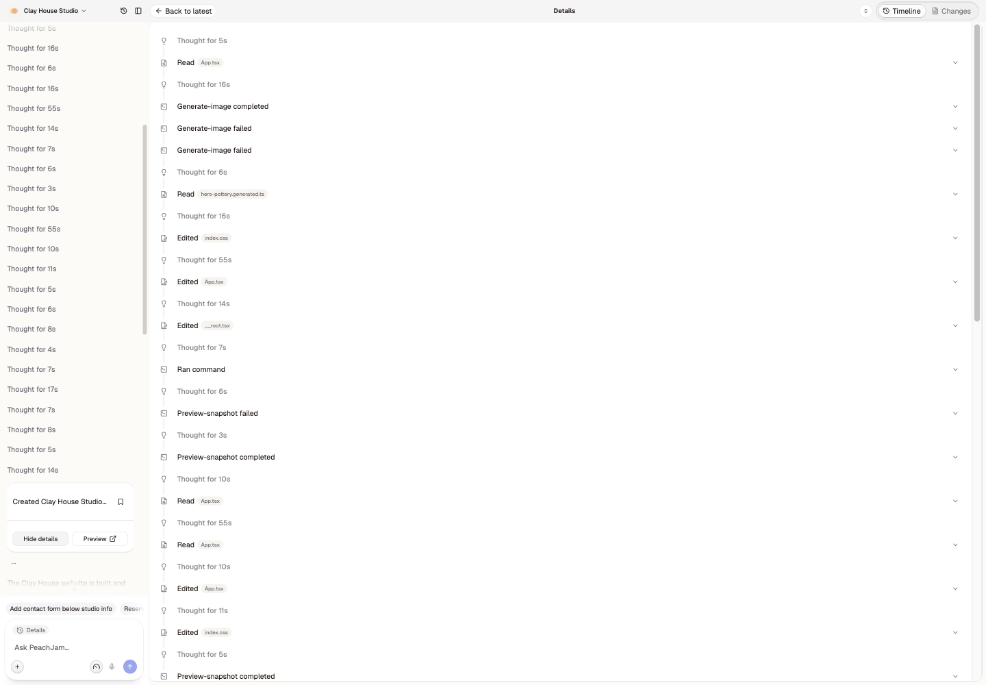 PeachJam chat showing many Thought labels before the successful work card