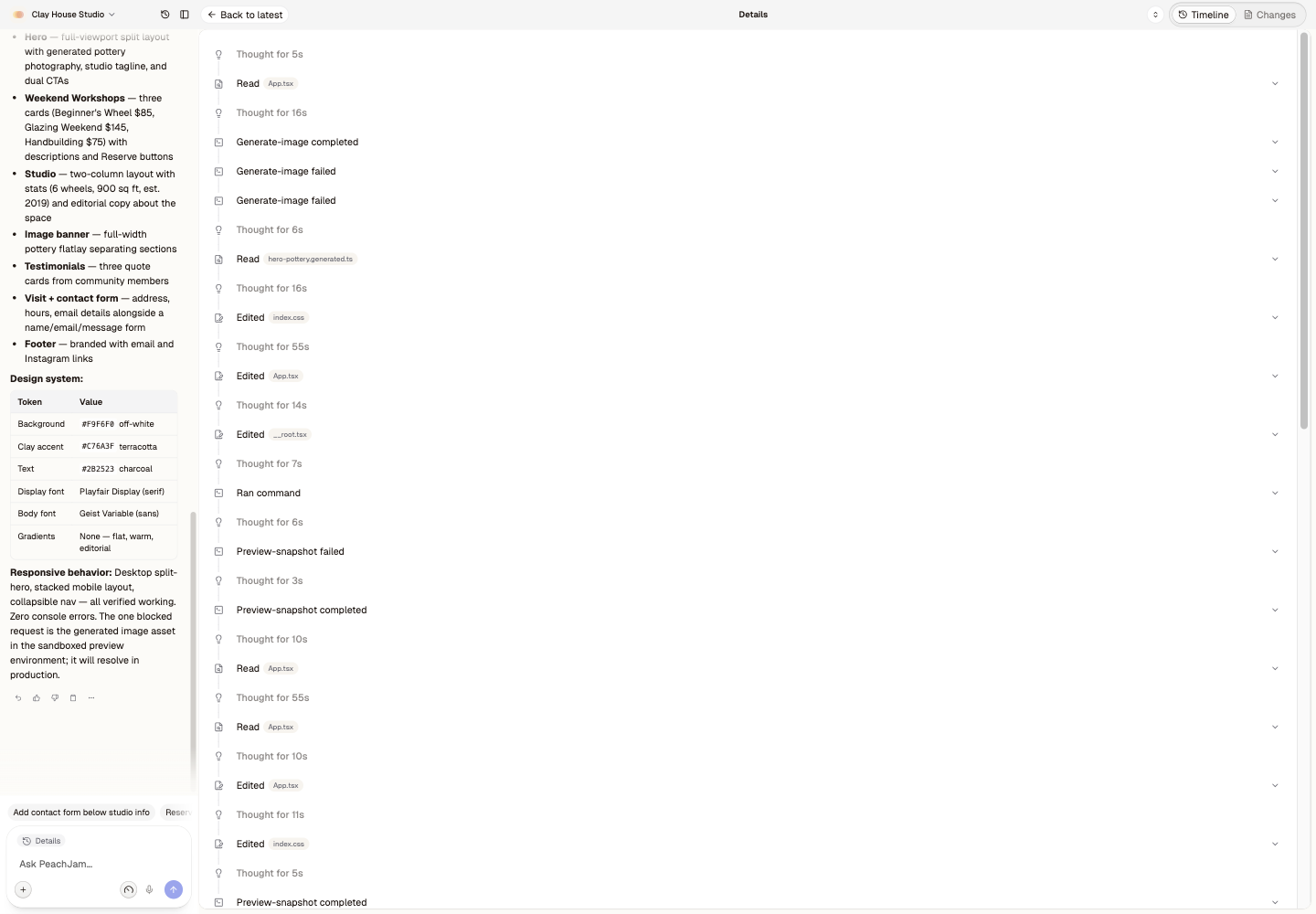 PeachJam Details timeline with non-expandable Thought rows